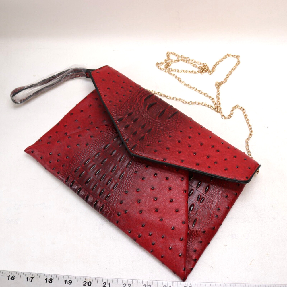 Classic Red Faux Ostrich Leather Handbag Envelope Wristlet Crossbody Lined
